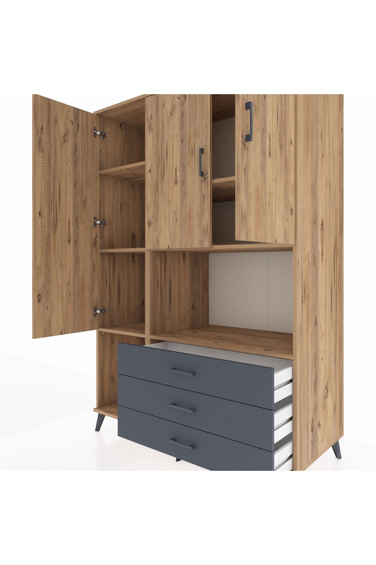 Kronos Dolap 6 Raflı 3 Çekmeceli 3 Kapaklı 132x59x195 Çam-Çam/Antrasit