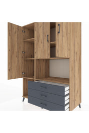 Kronos Dolap 6 Raflı 3 Çekmeceli 3 Kapaklı 132x59x195 Çam-Çam/Antrasit