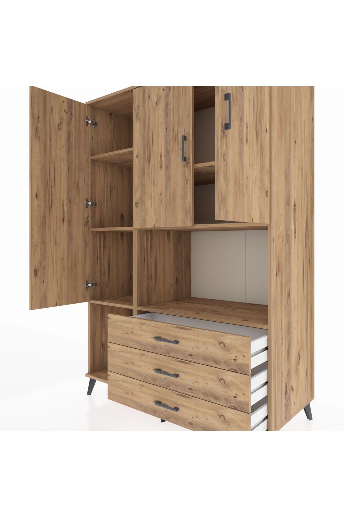 Kronos Dolap 6 Raflı 3 Çekmeceli 3 Kapaklı 132x59x195 Çam-Çam/Çam