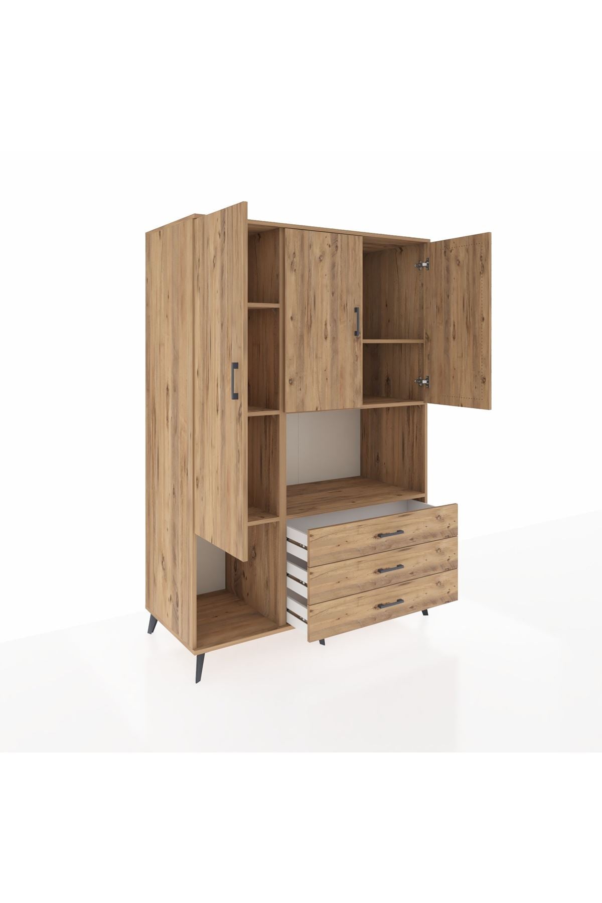 Kronos Dolap 6 Raflı 3 Çekmeceli 3 Kapaklı 132x59x195 Çam-Çam/Çam