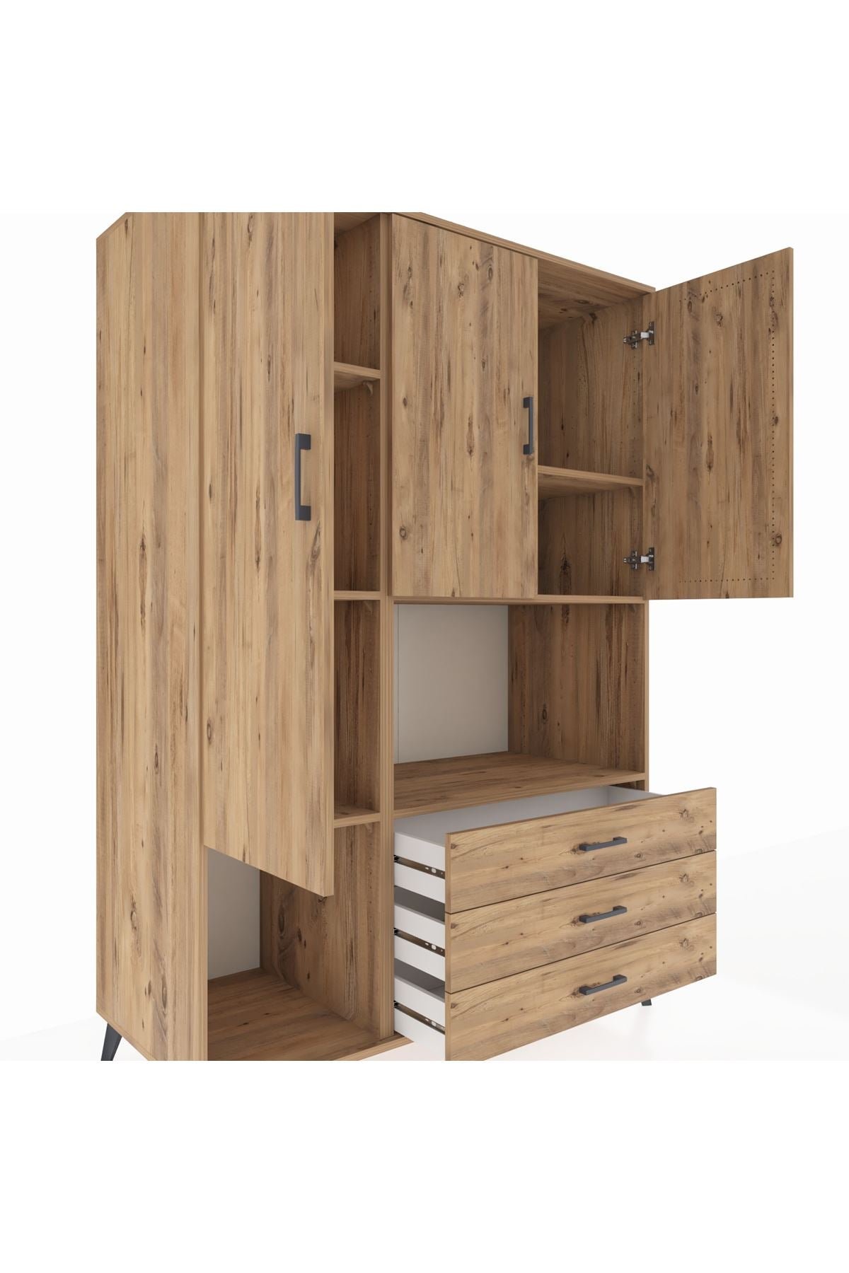 Kronos Dolap 6 Raflı 3 Çekmeceli 3 Kapaklı 132x59x195 Çam-Çam/Çam
