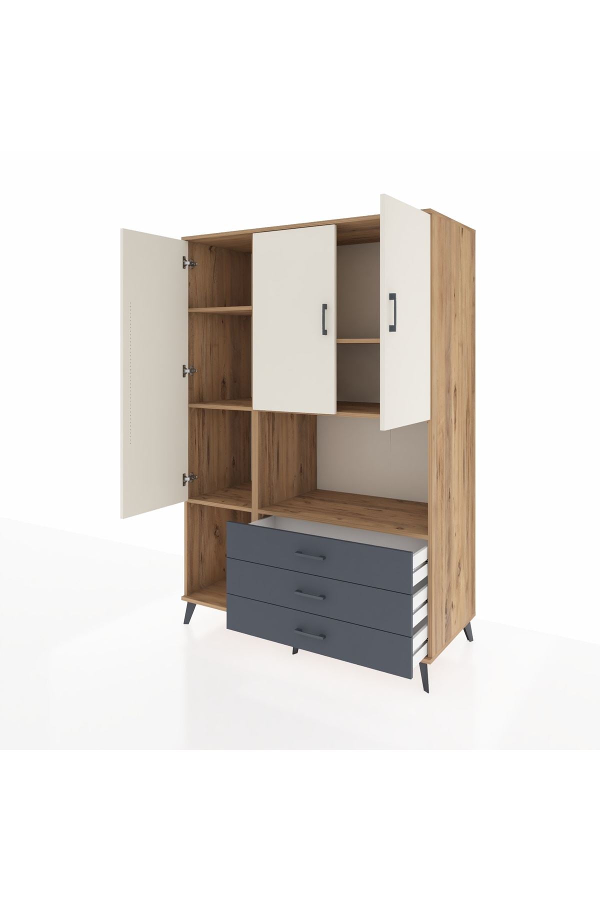 Kronos Dolap 6 Raflı 3 Çekmeceli 3 Kapaklı 132x59x195 Çam-Aytaşı/Antrasit