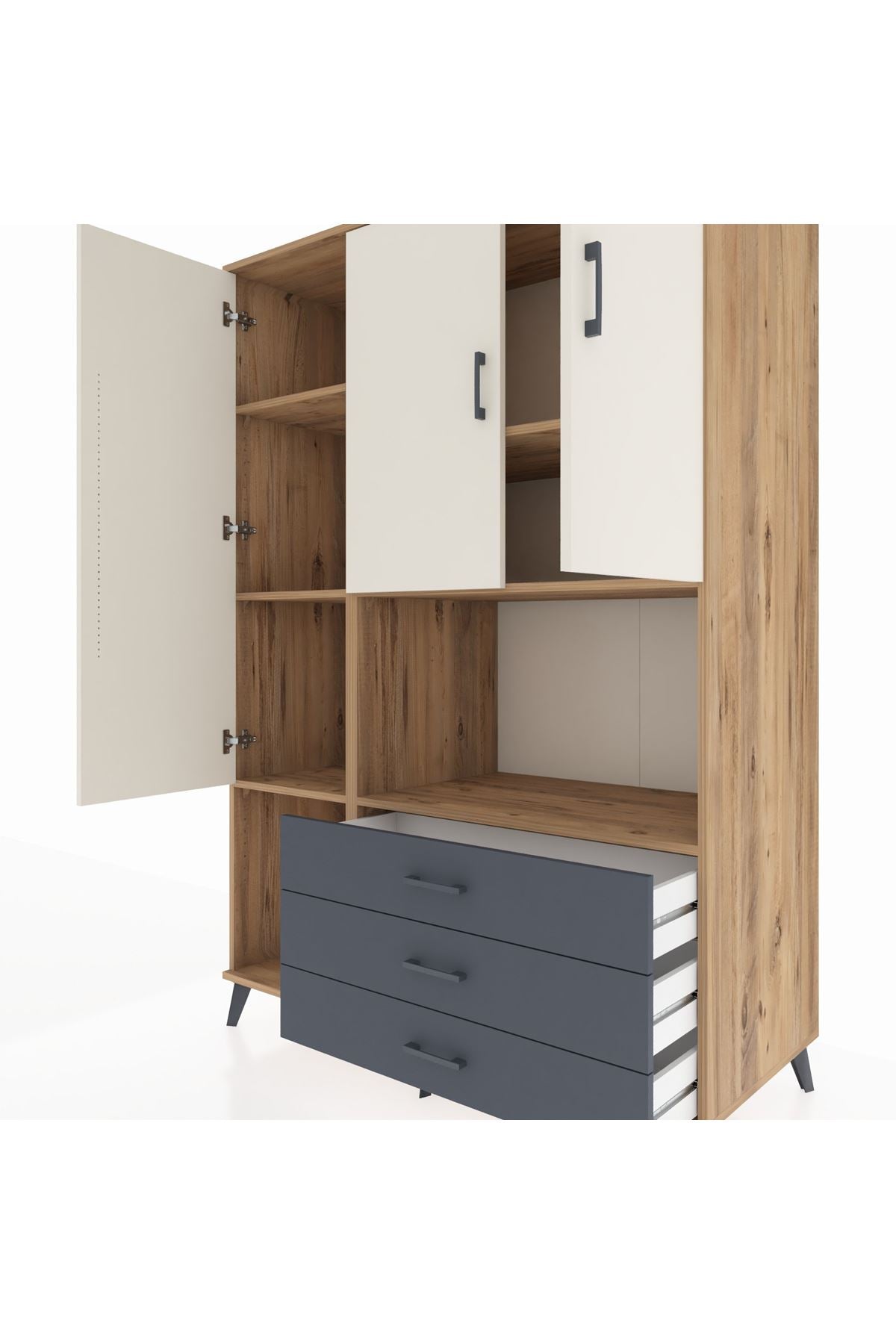 Kronos Dolap 6 Raflı 3 Çekmeceli 3 Kapaklı 132x59x195 Çam-Aytaşı/Antrasit