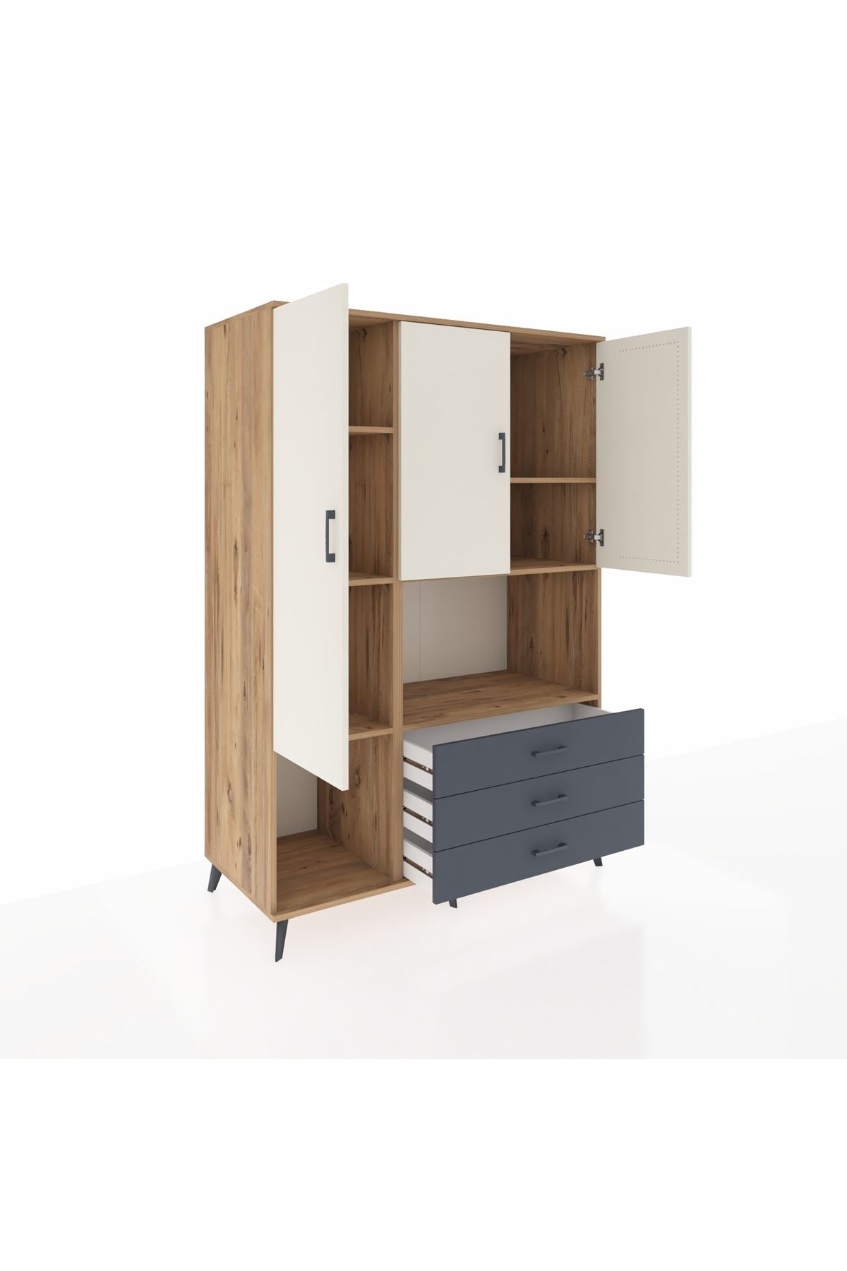 Kronos Dolap 6 Raflı 3 Çekmeceli 3 Kapaklı 132x59x195 Çam-Aytaşı/Antrasit