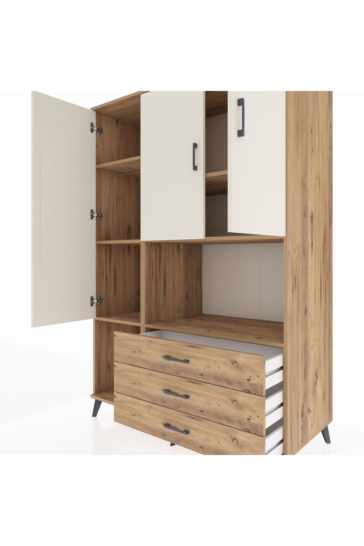 Kronos Dolap 6 Raflı 3 Çekmeceli 3 Kapaklı 132x59x195 Çam-Aytaşı/Çam