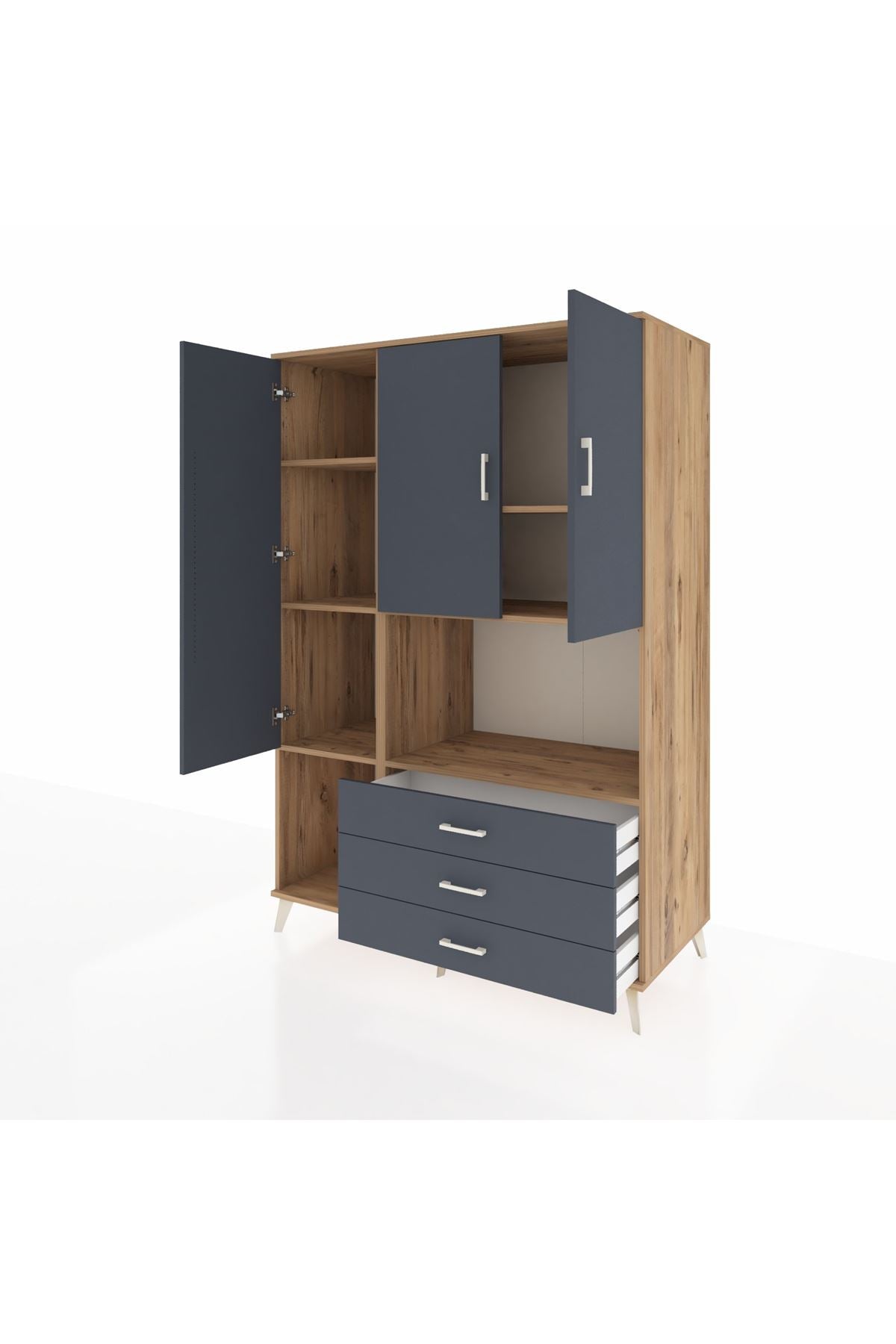 Kronos Dolap 6 Raflı 3 Çekmeceli 3 Kapaklı 132x59x195 Çam-Antrasit/Antrasit