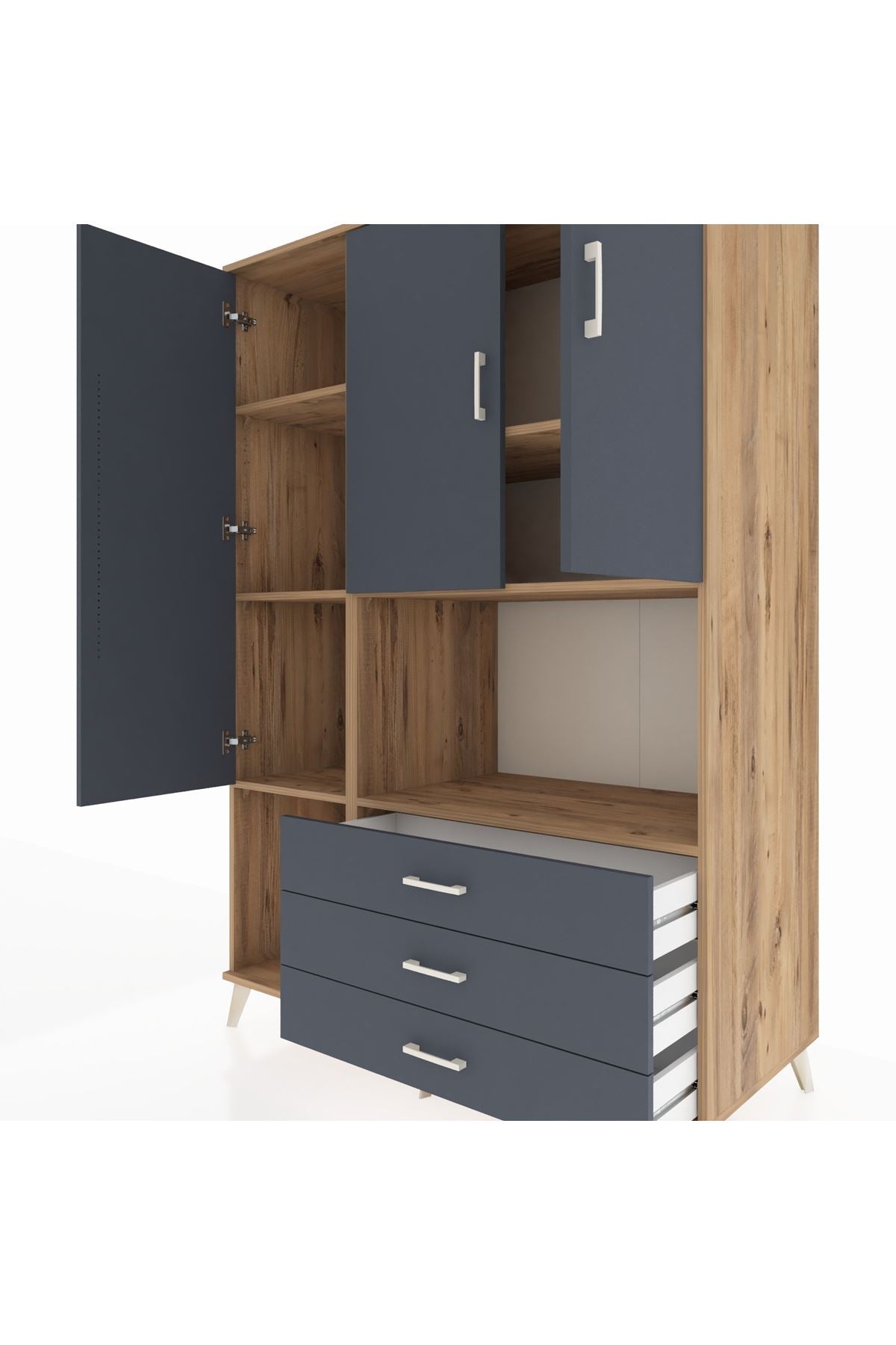 Kronos Dolap 6 Raflı 3 Çekmeceli 3 Kapaklı 132x59x195 Çam-Antrasit/Antrasit