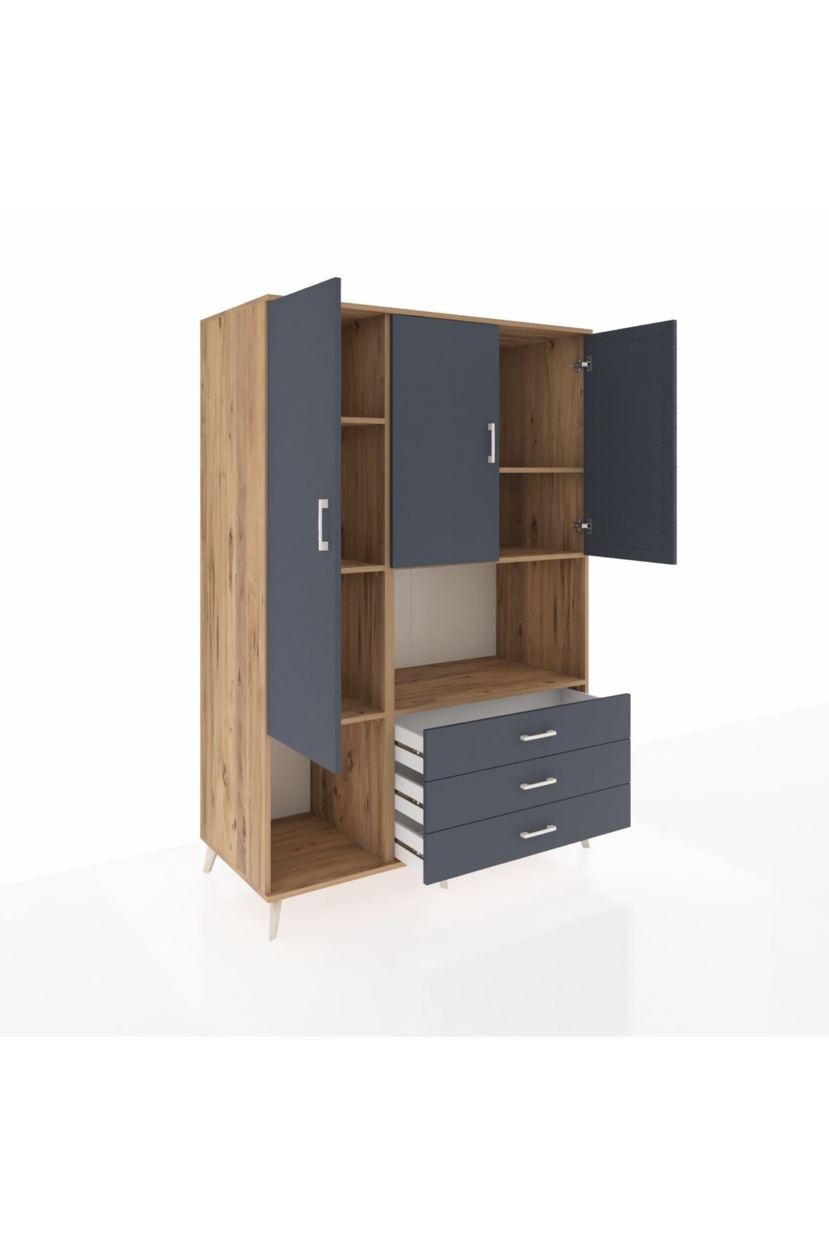 Kronos Dolap 6 Raflı 3 Çekmeceli 3 Kapaklı 132x59x195 Çam-Antrasit/Antrasit