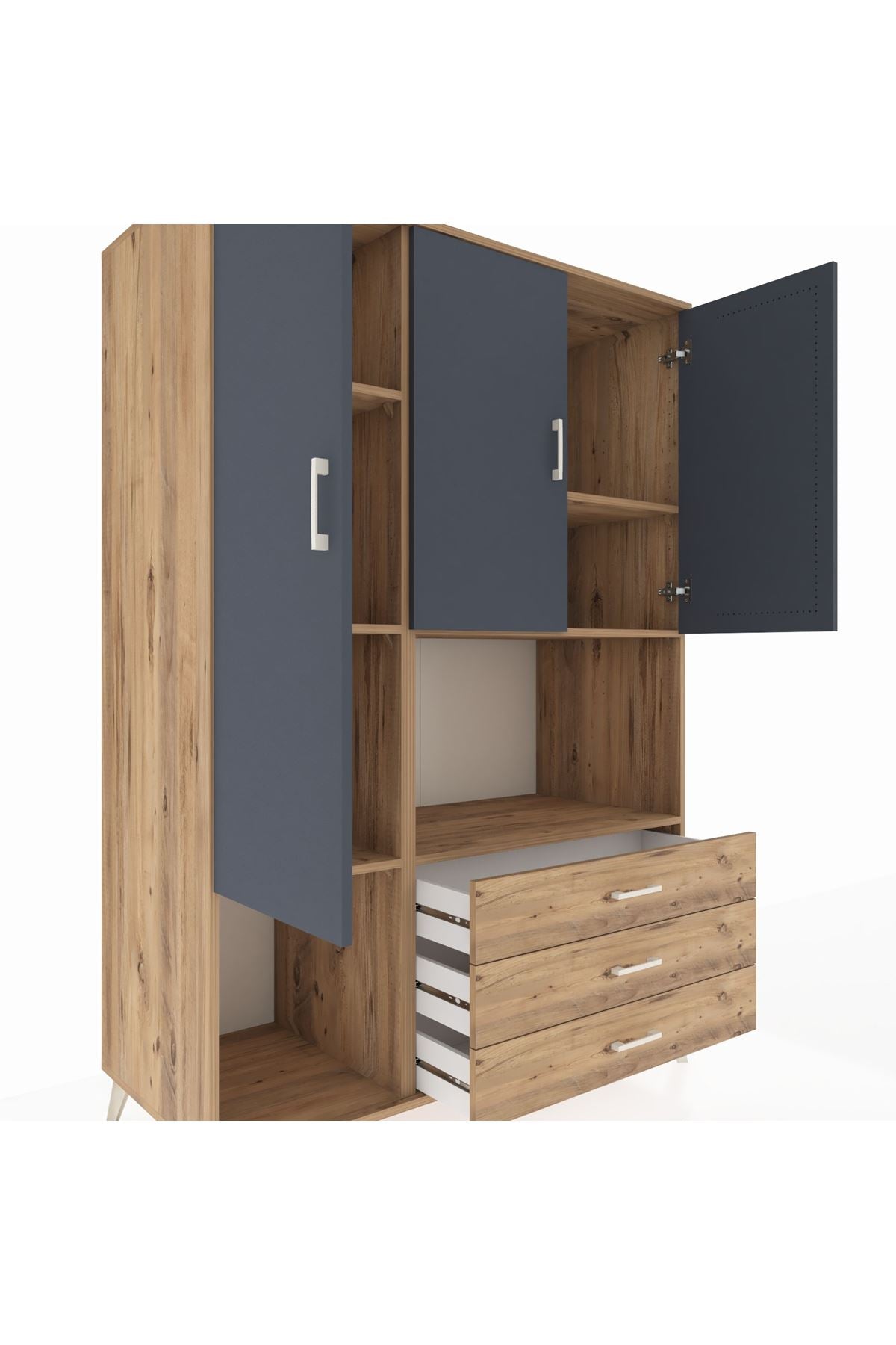 Kronos Dolap 6 Raflı 3 Çekmeceli 3 Kapaklı 132x59x195 Çam-Antrasit/Çam