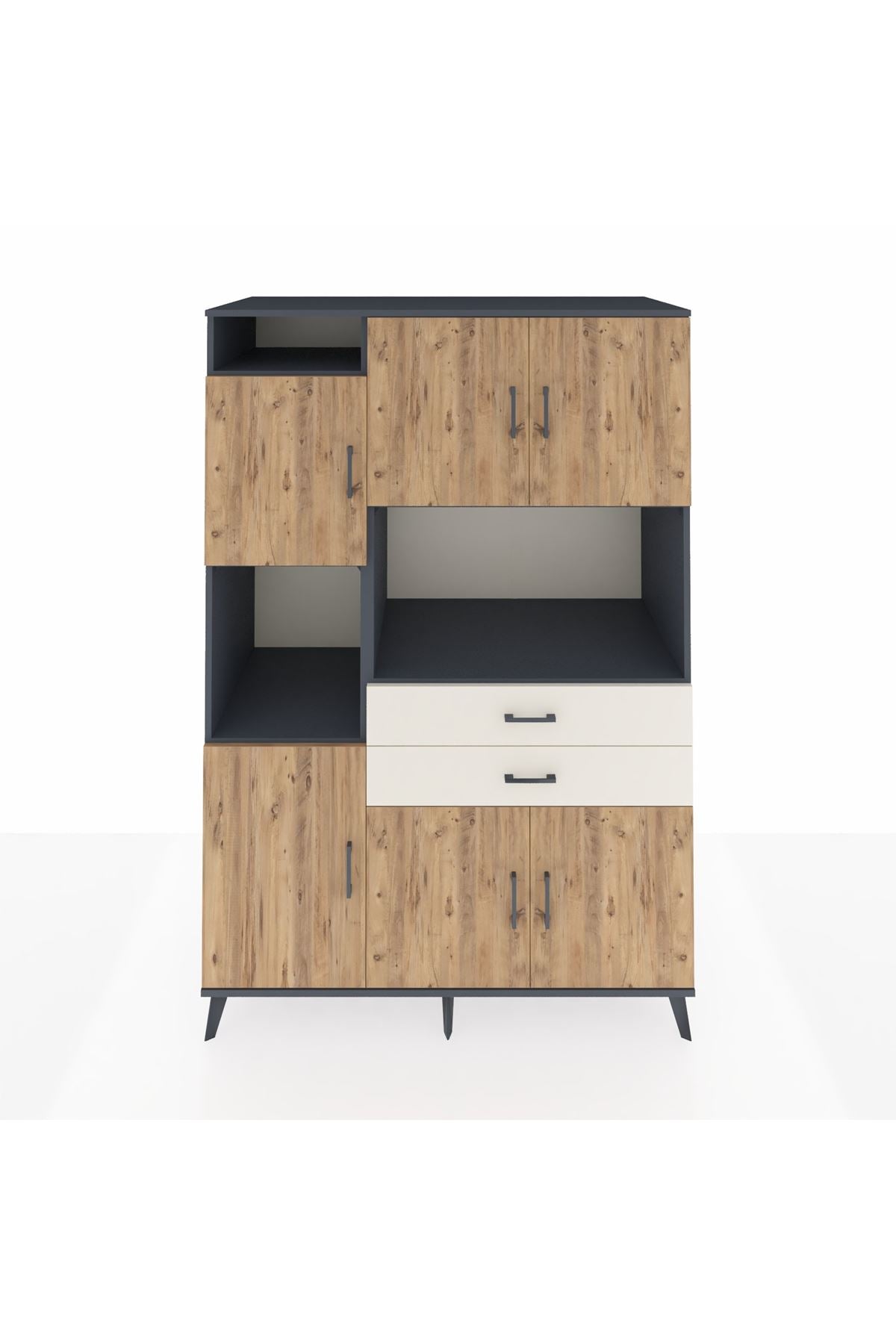 Kronos Dolap 8 Raflı 2 Çekmeceli 6 Kapaklı 132x59x195 Antrasit-Çam/Aytaşı