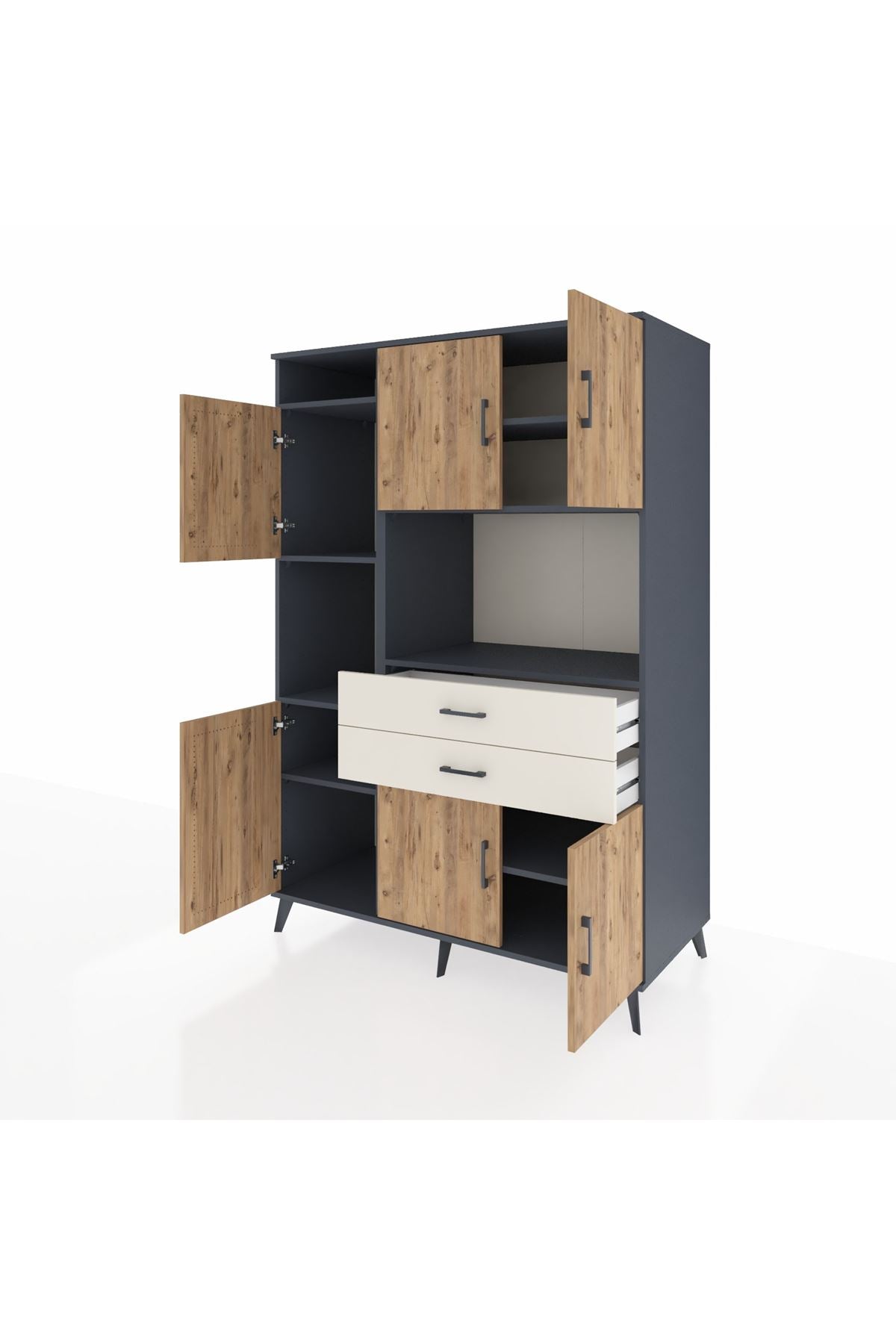 Kronos Dolap 8 Raflı 2 Çekmeceli 6 Kapaklı 132x59x195 Antrasit-Çam/Aytaşı