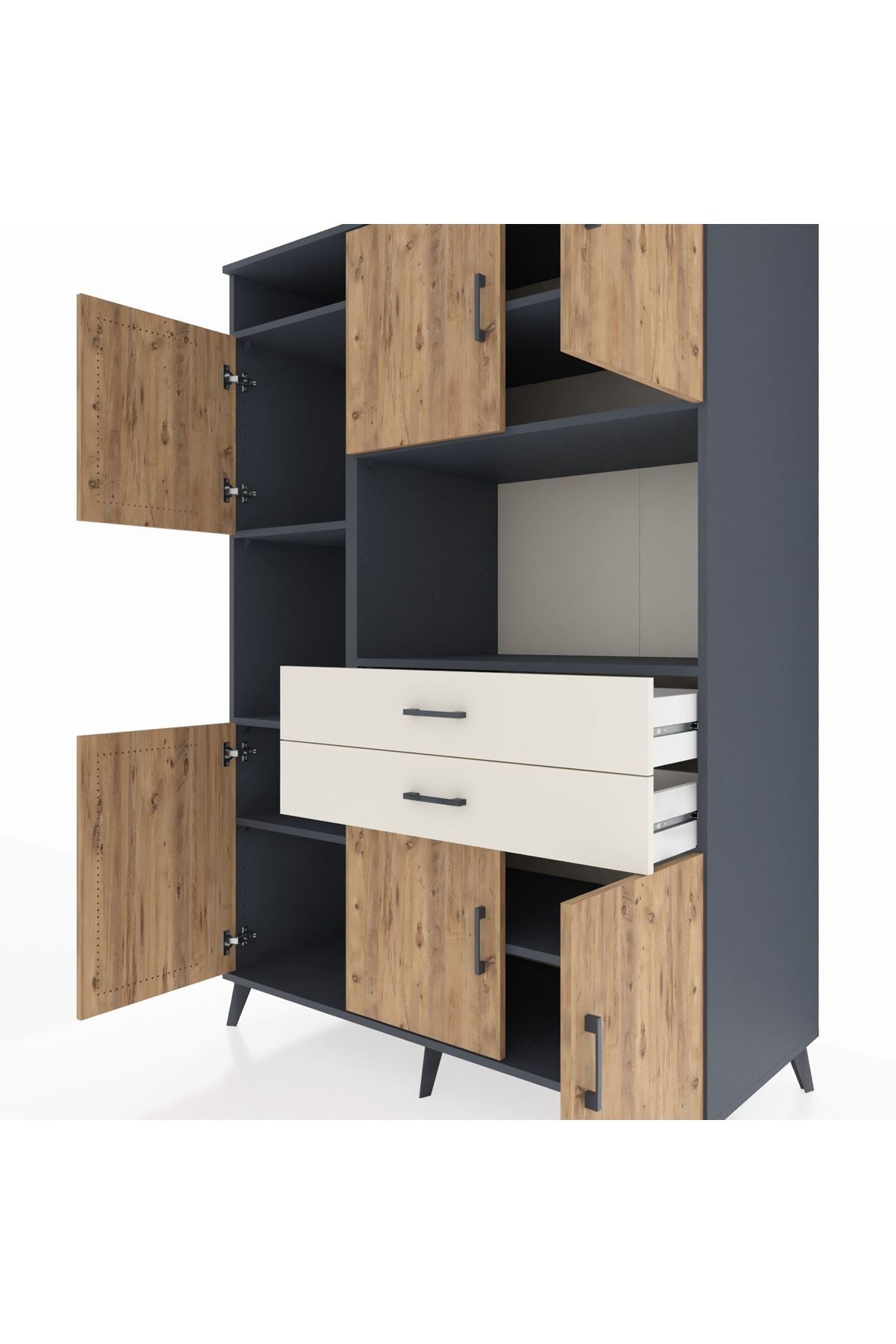 Kronos Dolap 8 Raflı 2 Çekmeceli 6 Kapaklı 132x59x195 Antrasit-Çam/Aytaşı