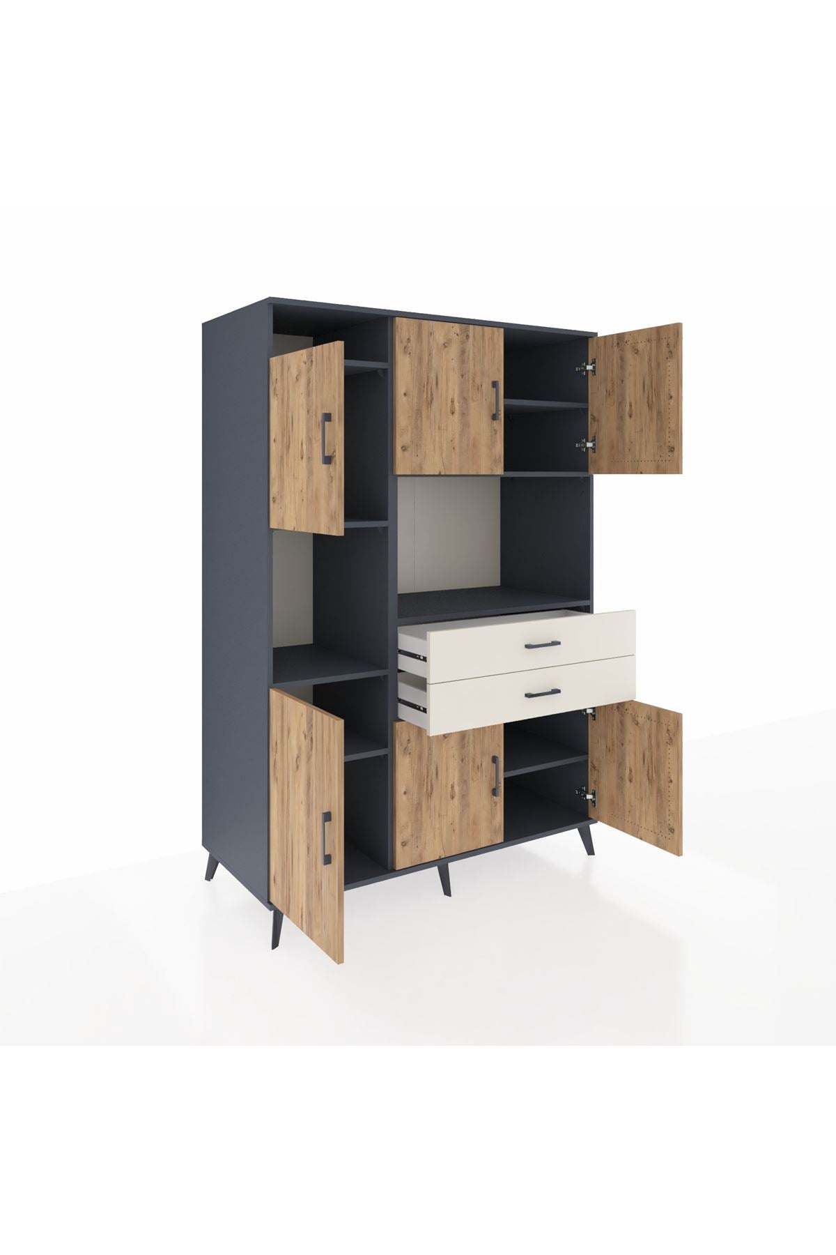 Kronos Dolap 8 Raflı 2 Çekmeceli 6 Kapaklı 132x59x195 Antrasit-Çam/Aytaşı