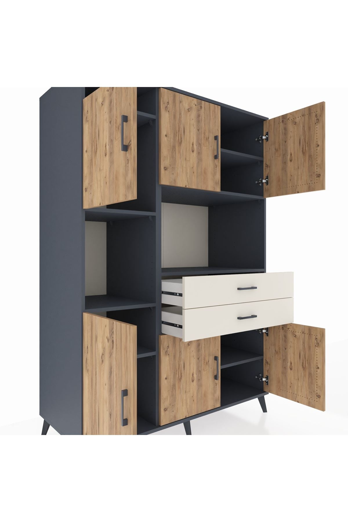 Kronos Dolap 8 Raflı 2 Çekmeceli 6 Kapaklı 132x59x195 Antrasit-Çam/Aytaşı