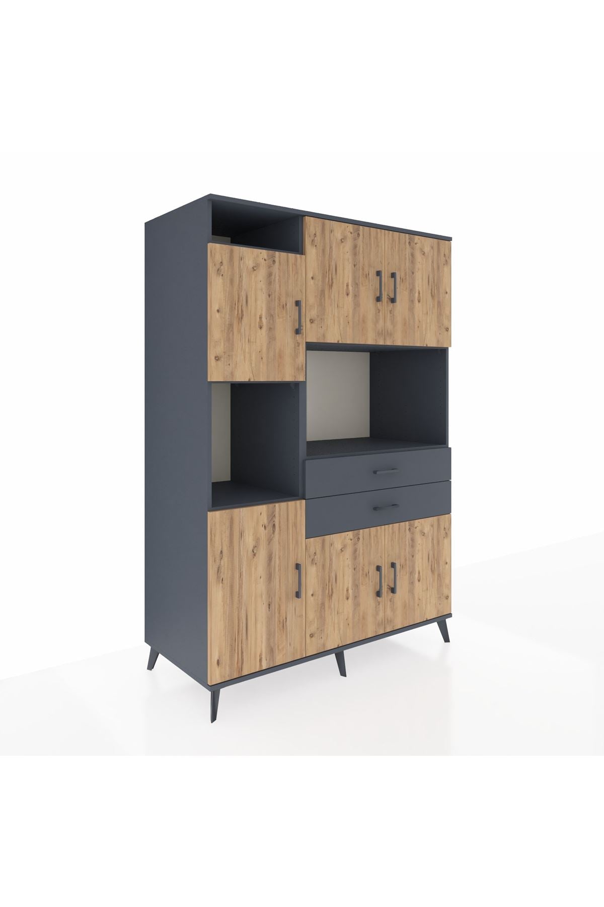 Kronos Dolap 8 Raflı 2 Çekmeceli 6 Kapaklı 132x59x195 Antrasit-Çam/Antrasit