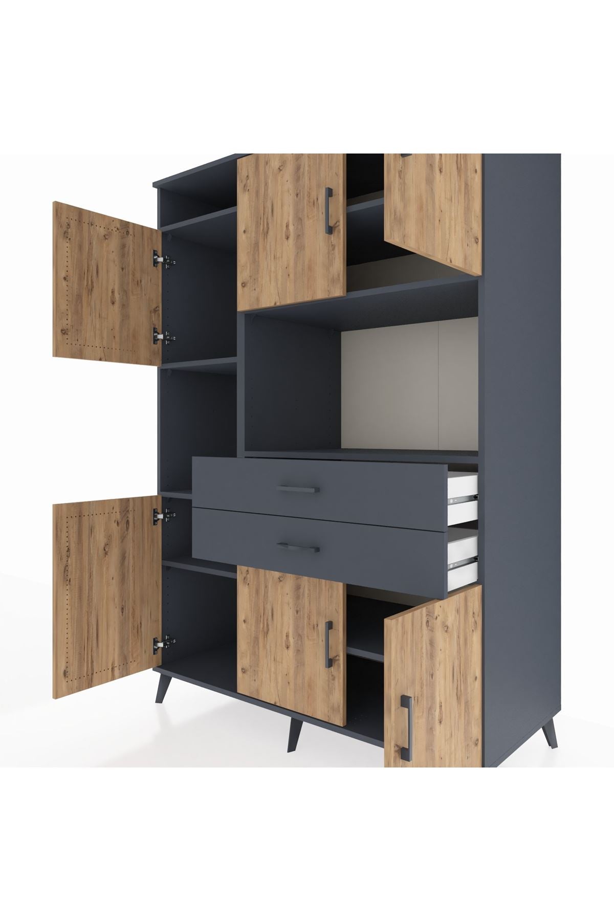 Kronos Dolap 8 Raflı 2 Çekmeceli 6 Kapaklı 132x59x195 Antrasit-Çam/Antrasit
