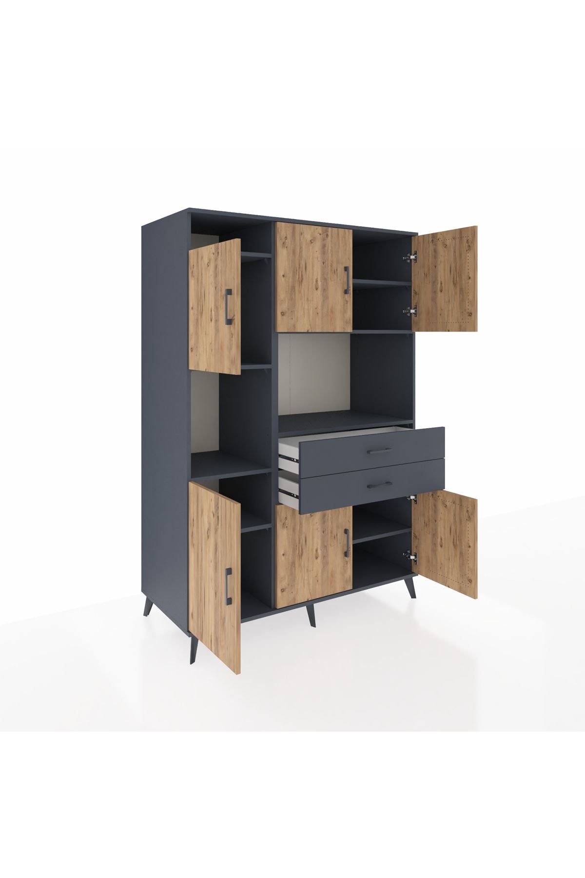 Kronos Dolap 8 Raflı 2 Çekmeceli 6 Kapaklı 132x59x195 Antrasit-Çam/Antrasit
