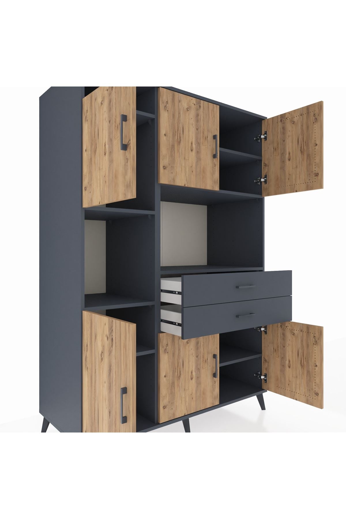 Kronos Dolap 8 Raflı 2 Çekmeceli 6 Kapaklı 132x59x195 Antrasit-Çam/Antrasit