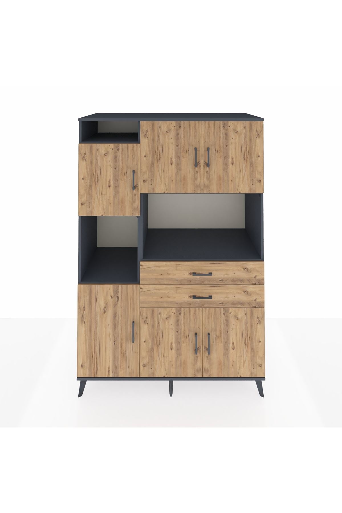 Kronos Dolap 8 Raflı 2 Çekmeceli 6 Kapaklı 132x59x195 Antrasit-Çam/Çam