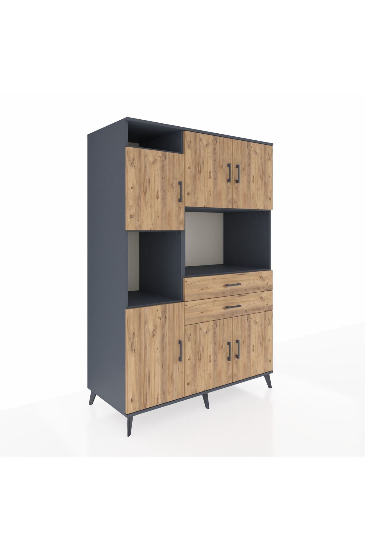 Kronos Dolap 8 Raflı 2 Çekmeceli 6 Kapaklı 132x59x195 Antrasit-Çam/Çam