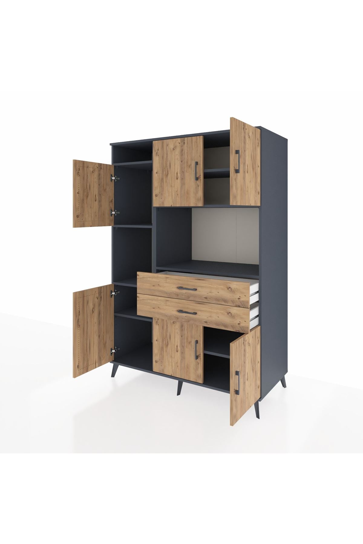 Kronos Dolap 8 Raflı 2 Çekmeceli 6 Kapaklı 132x59x195 Antrasit-Çam/Çam