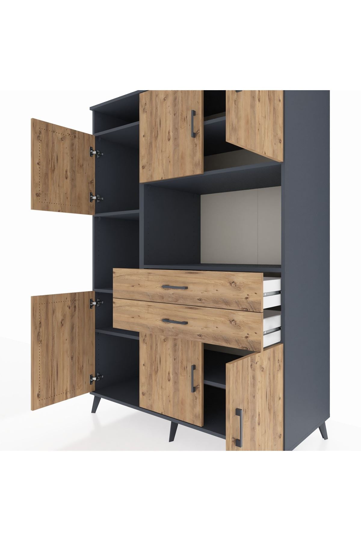 Kronos Dolap 8 Raflı 2 Çekmeceli 6 Kapaklı 132x59x195 Antrasit-Çam/Çam