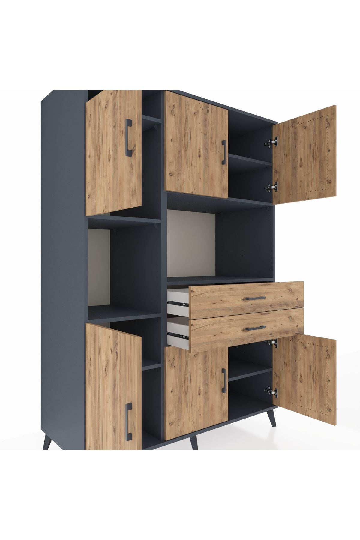 Kronos Dolap 8 Raflı 2 Çekmeceli 6 Kapaklı 132x59x195 Antrasit-Çam/Çam