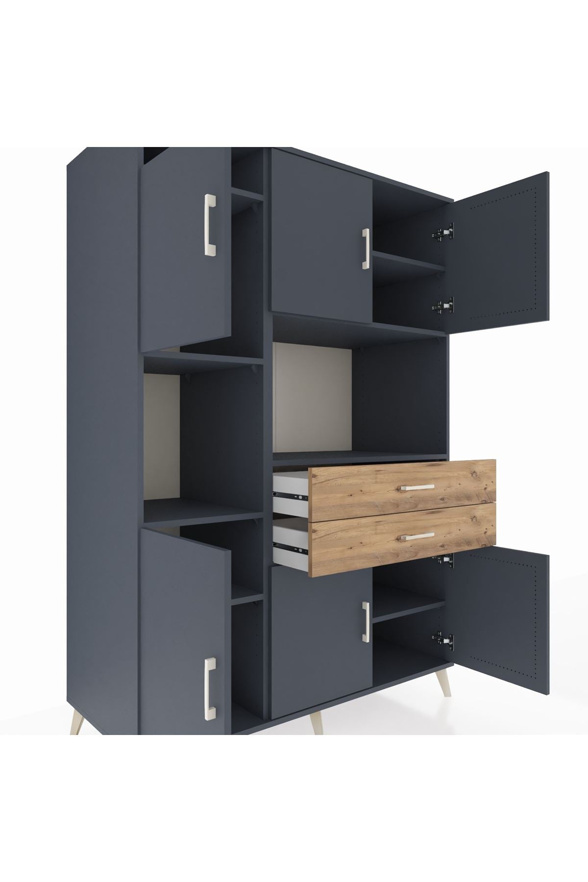 Kronos Dolap 8 Raflı 2 Çekmeceli 6 Kapaklı 132x59x195 Antrasit-Antrasit/Çam