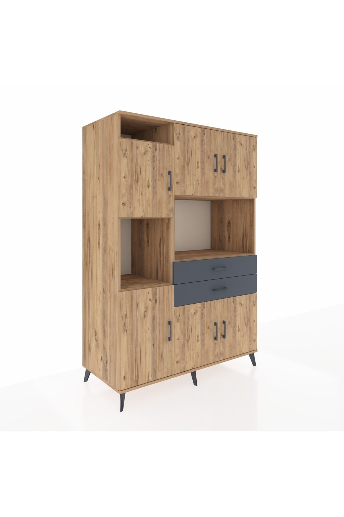 Kronos Dolap 8 Raflı 2 Çekmeceli 6 Kapaklı 132x59x195 Çam-Çam/Antrasit