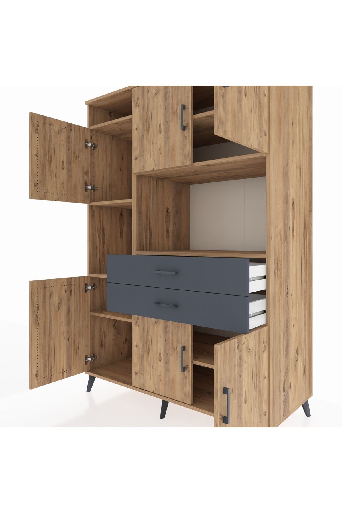 Kronos Dolap 8 Raflı 2 Çekmeceli 6 Kapaklı 132x59x195 Çam-Çam/Antrasit