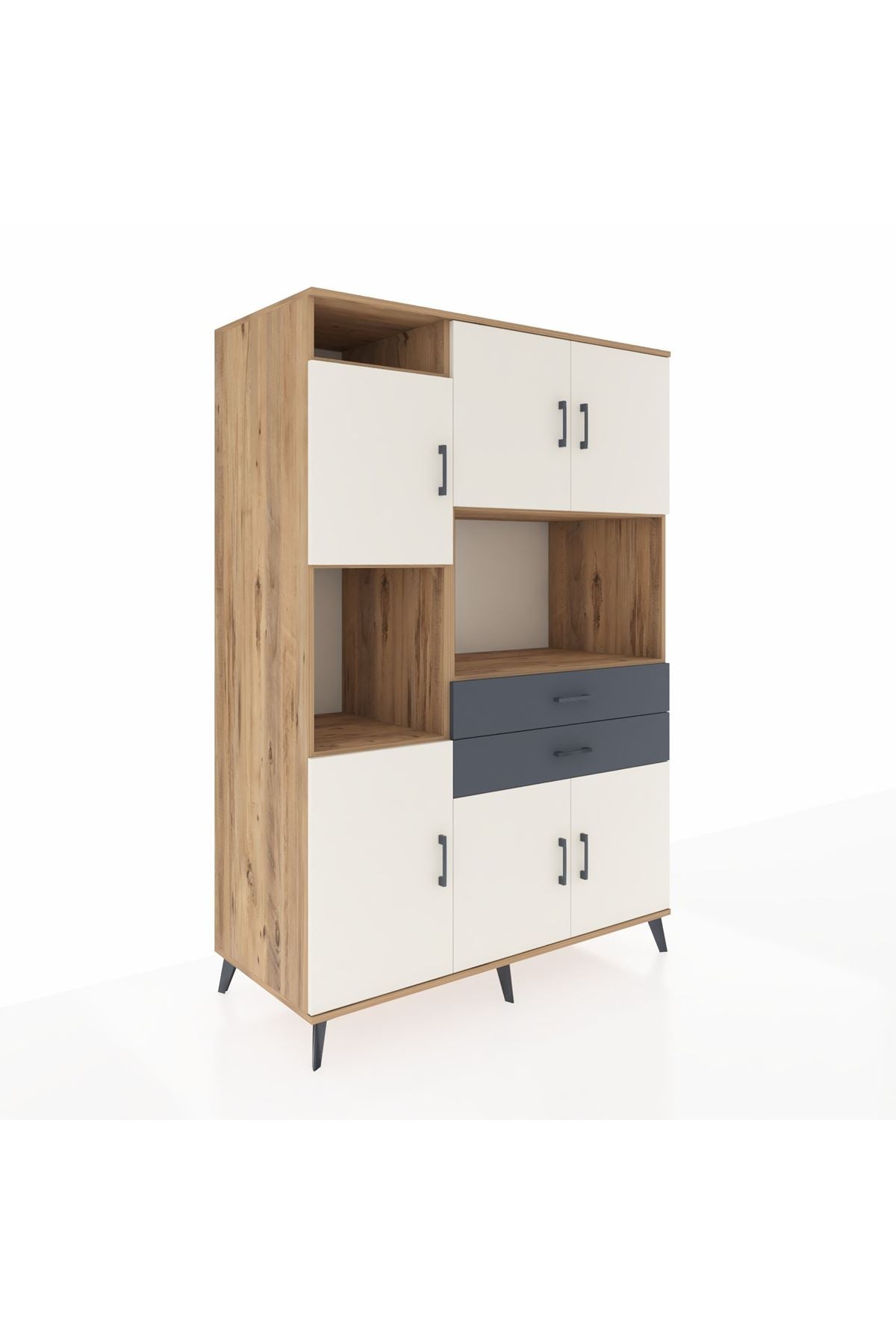 Kronos Dolap 8 Raflı 2 Çekmeceli 6 Kapaklı 132x59x195 Çam-Aytaşı/Antrasit