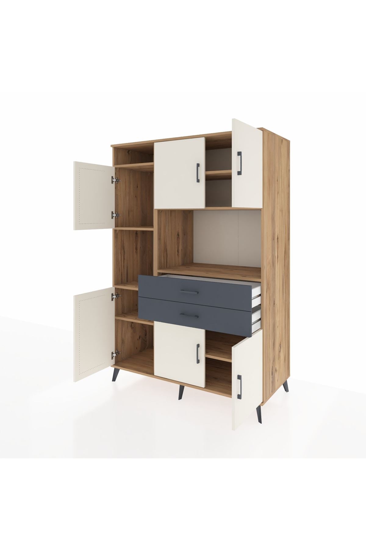 Kronos Dolap 8 Raflı 2 Çekmeceli 6 Kapaklı 132x59x195 Çam-Aytaşı/Antrasit