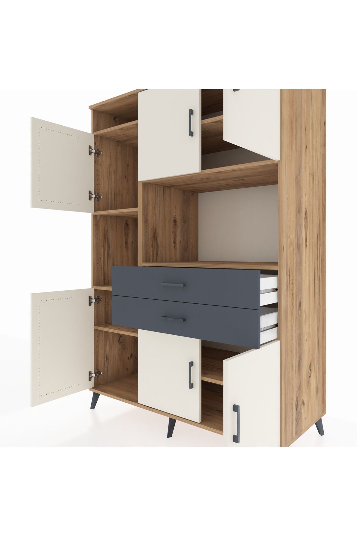 Kronos Dolap 8 Raflı 2 Çekmeceli 6 Kapaklı 132x59x195 Çam-Aytaşı/Antrasit