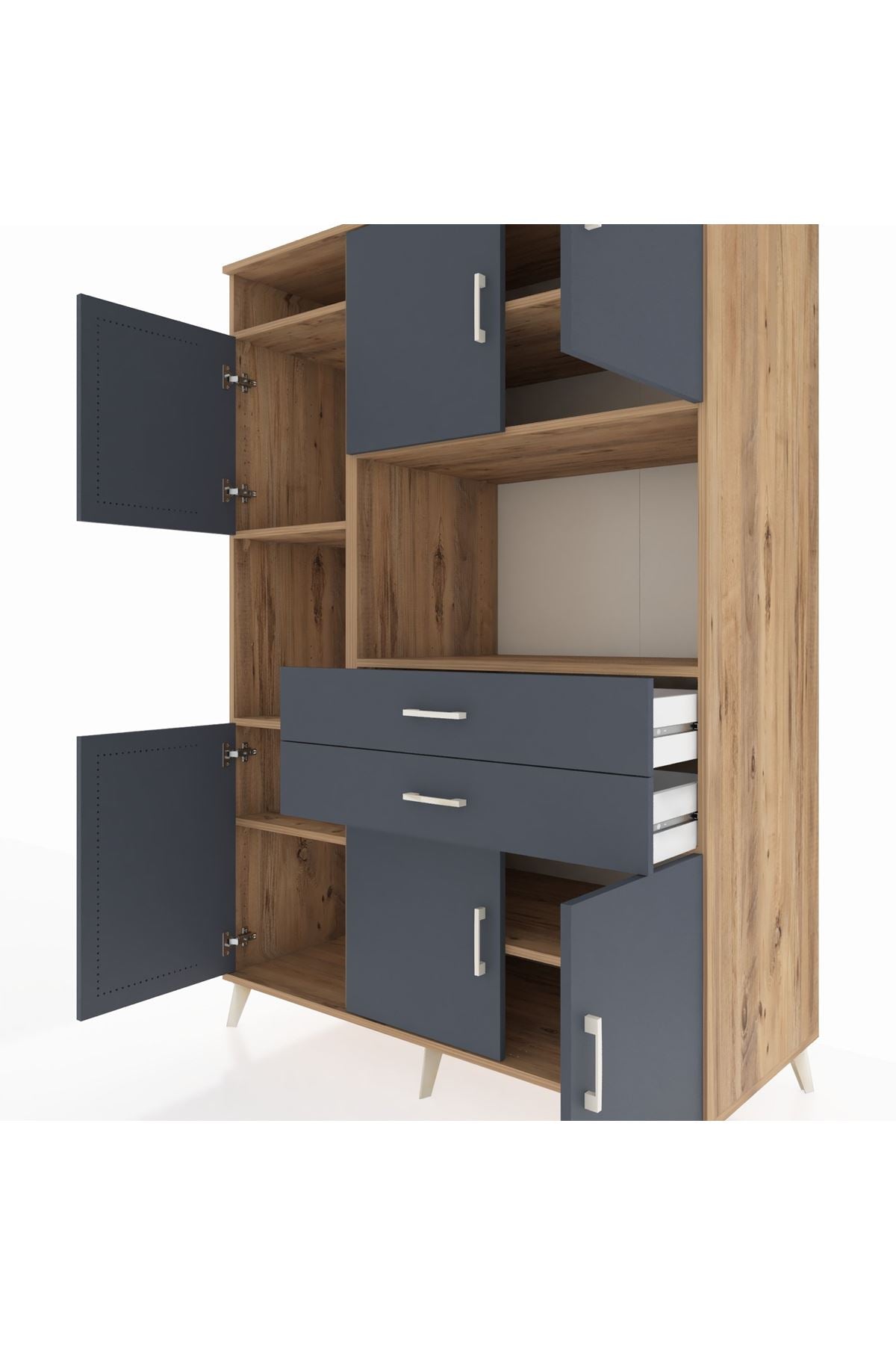 Kronos Dolap 8 Raflı 2 Çekmeceli 6 Kapaklı 132x59x195 Çam-Antrasit/Antrasit