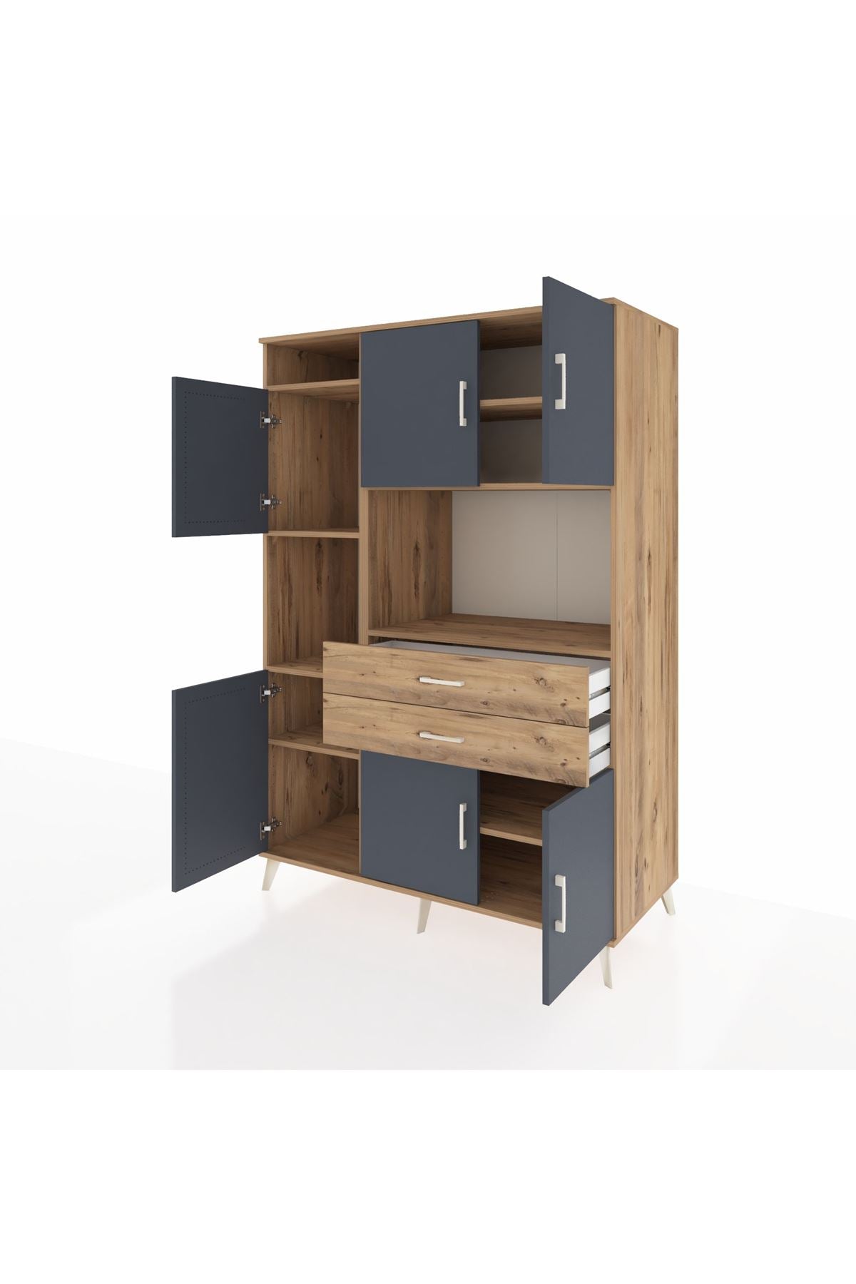 Kronos Dolap 8 Raflı 2 Çekmeceli 6 Kapaklı 132x59x195 Çam-Antrasit/Çam