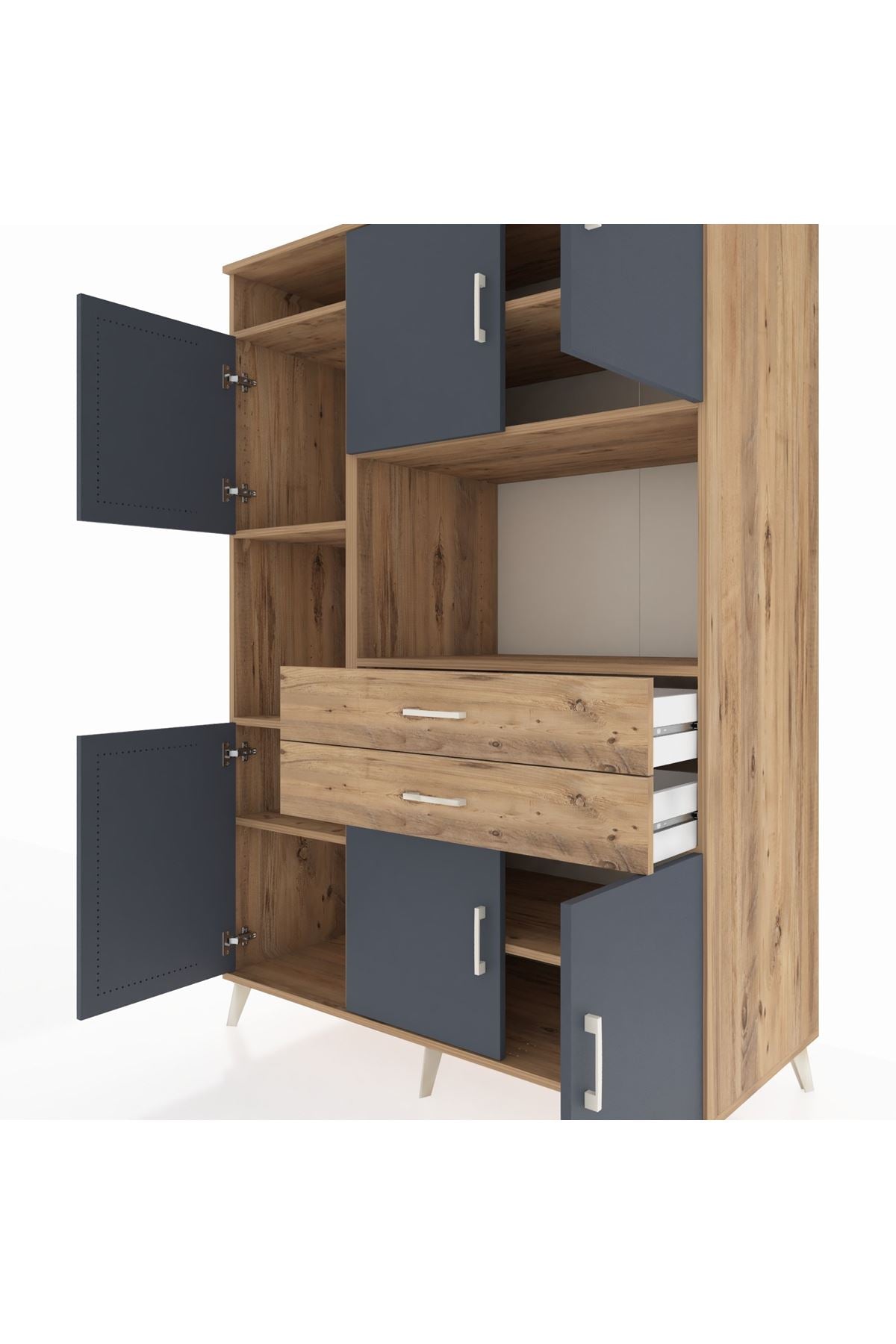 Kronos Dolap 8 Raflı 2 Çekmeceli 6 Kapaklı 132x59x195 Çam-Antrasit/Çam