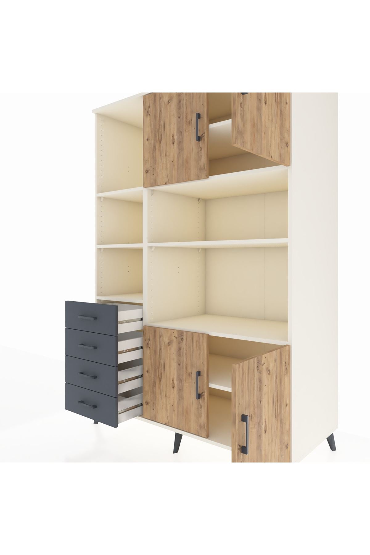 Kronos Dolap 8 Raflı 4 Çekmeceli 4 Kapaklı 132x59x195 Aytaşı-Çam/Antrasit