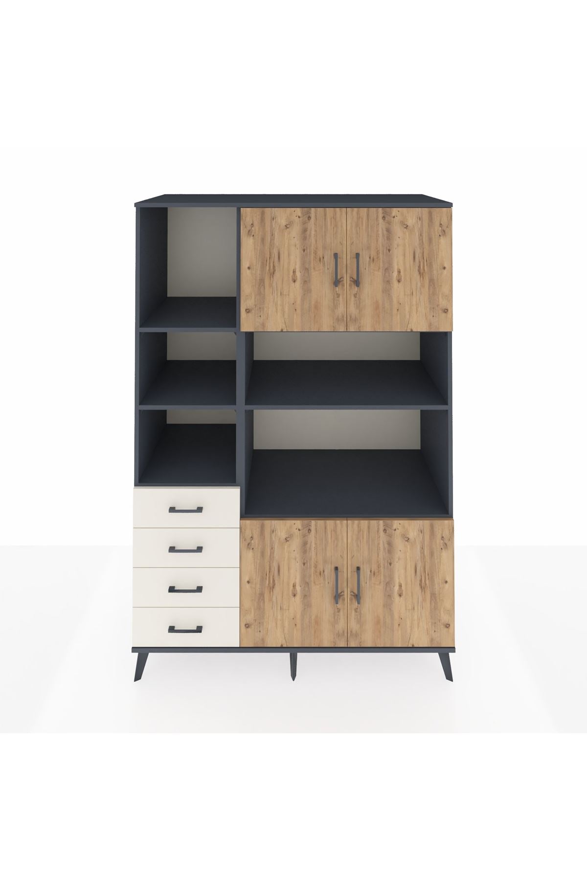 Kronos Dolap 8 Raflı 4 Çekmeceli 4 Kapaklı 132x59x195 Antrasit-Çam/Aytaşı