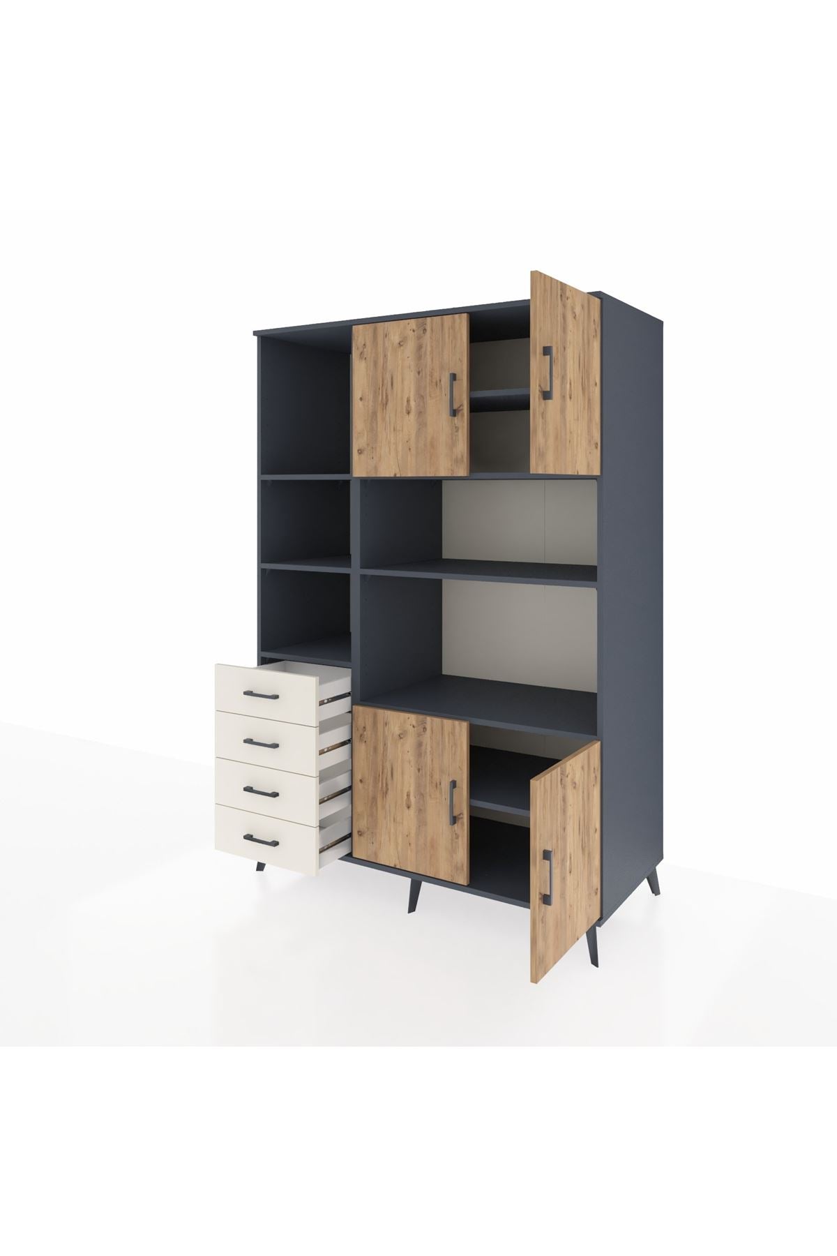 Kronos Dolap 8 Raflı 4 Çekmeceli 4 Kapaklı 132x59x195 Antrasit-Çam/Aytaşı