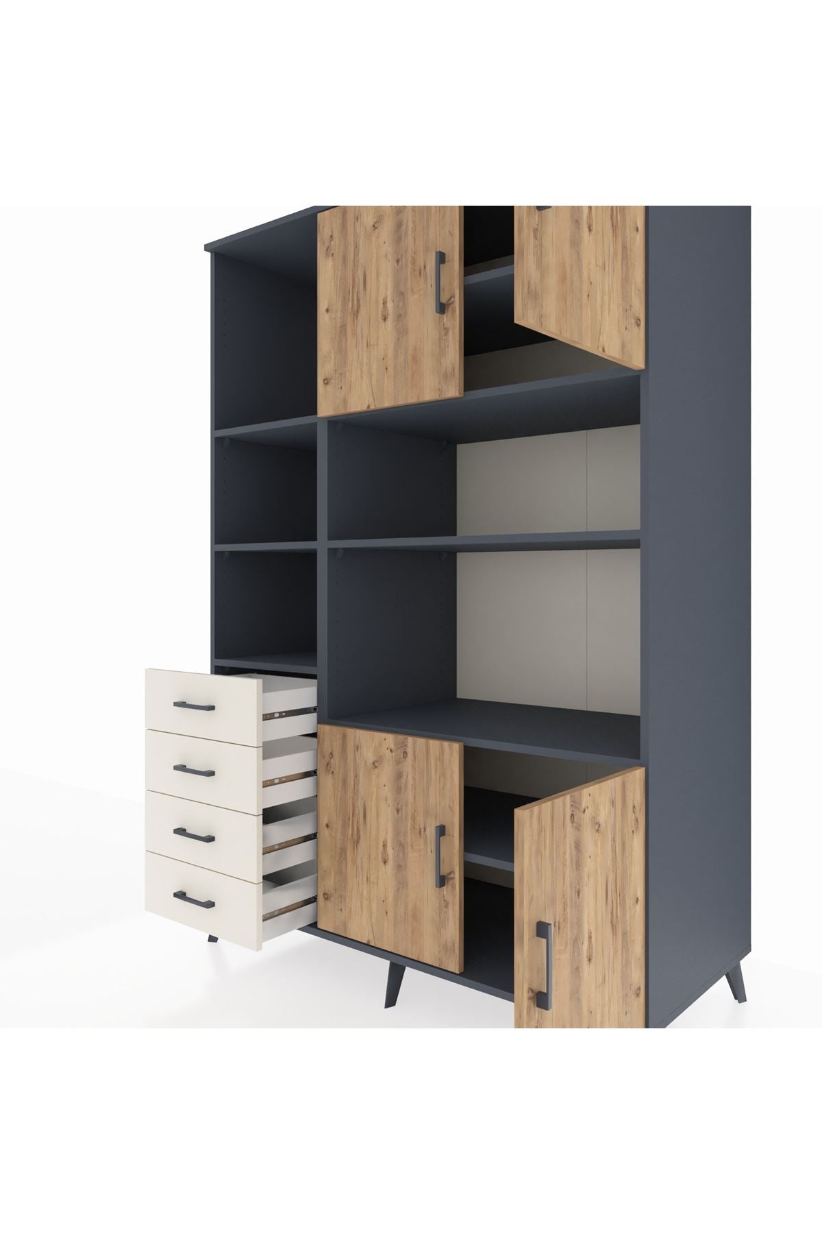 Kronos Dolap 8 Raflı 4 Çekmeceli 4 Kapaklı 132x59x195 Antrasit-Çam/Aytaşı