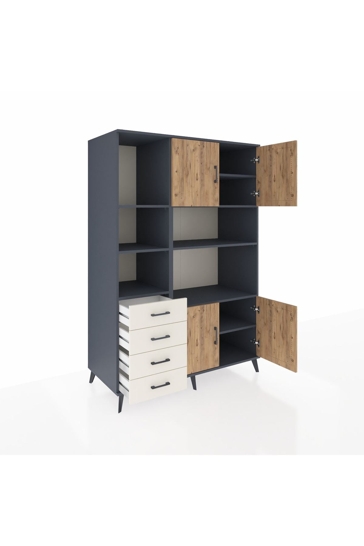 Kronos Dolap 8 Raflı 4 Çekmeceli 4 Kapaklı 132x59x195 Antrasit-Çam/Aytaşı