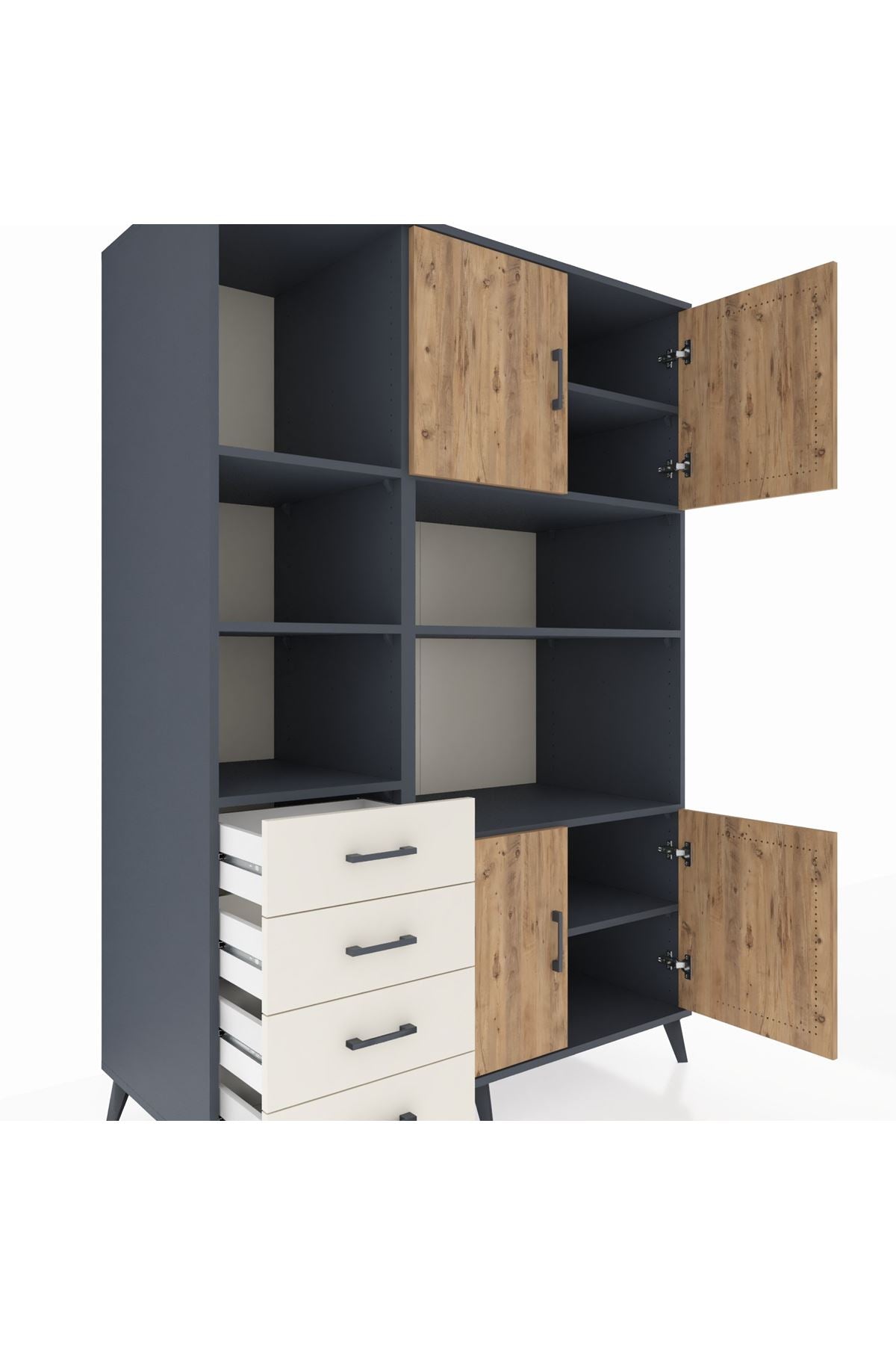 Kronos Dolap 8 Raflı 4 Çekmeceli 4 Kapaklı 132x59x195 Antrasit-Çam/Aytaşı