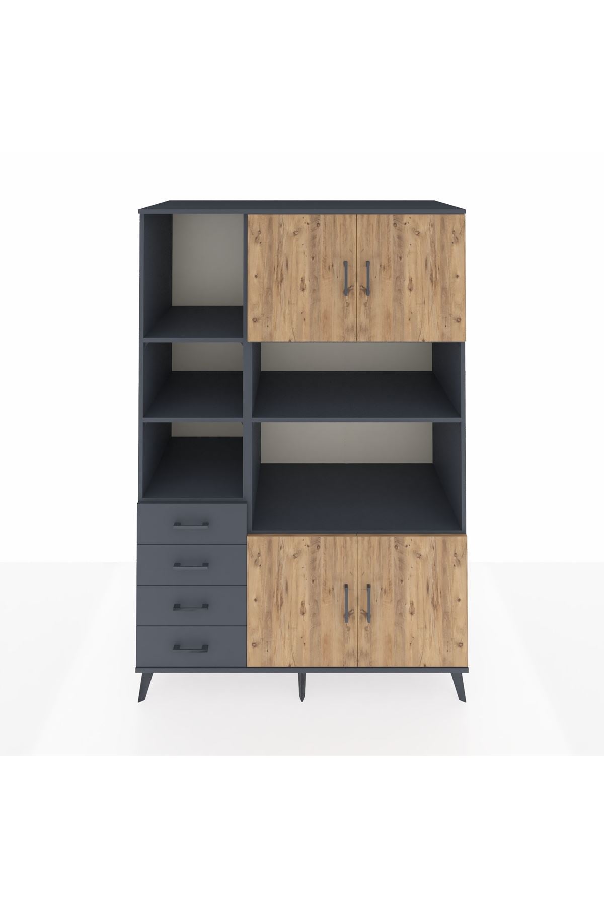 Kronos Dolap 8 Raflı 4 Çekmeceli 4 Kapaklı 132x59x195 Antrasit-Çam/Antrasit