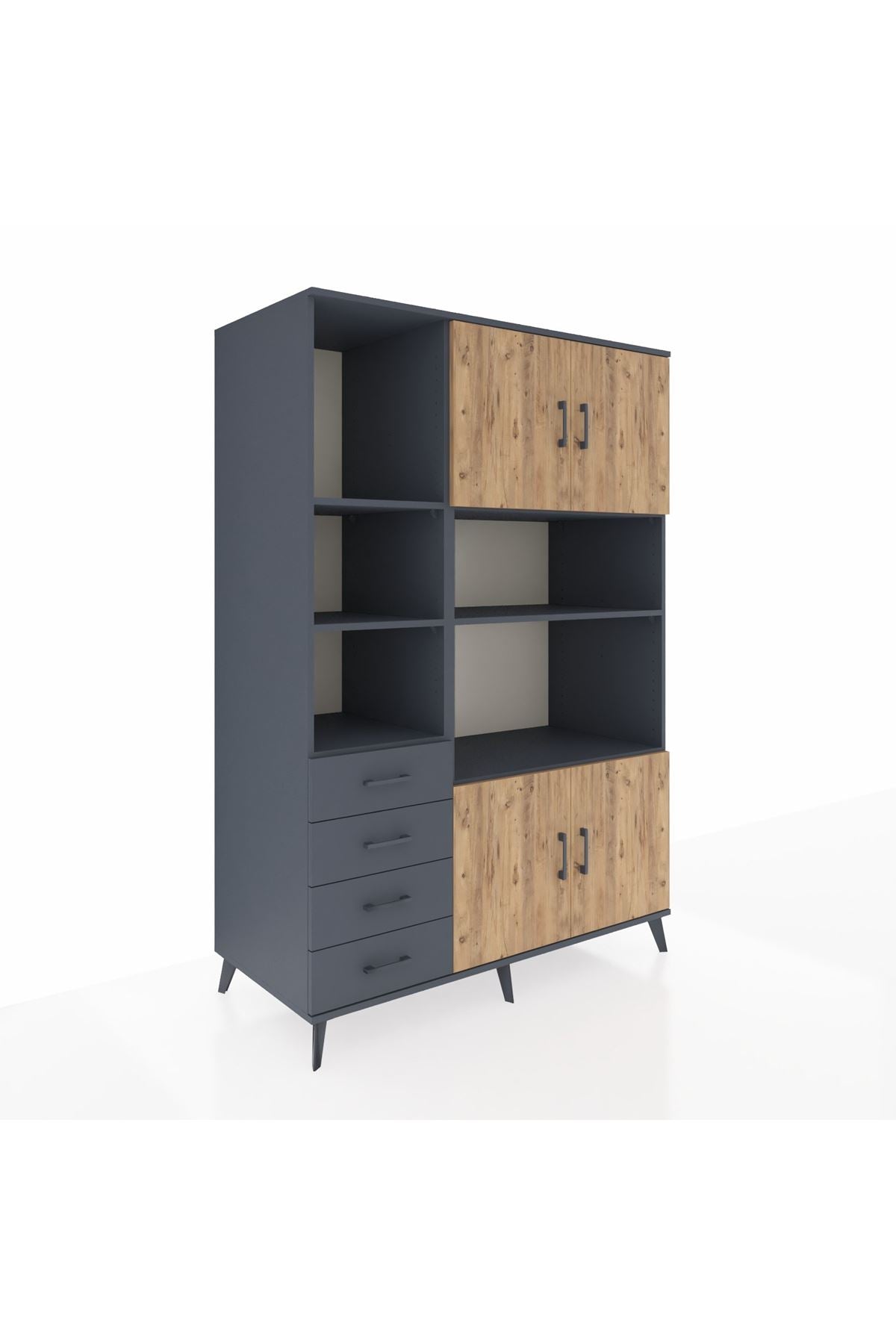 Kronos Dolap 8 Raflı 4 Çekmeceli 4 Kapaklı 132x59x195 Antrasit-Çam/Antrasit