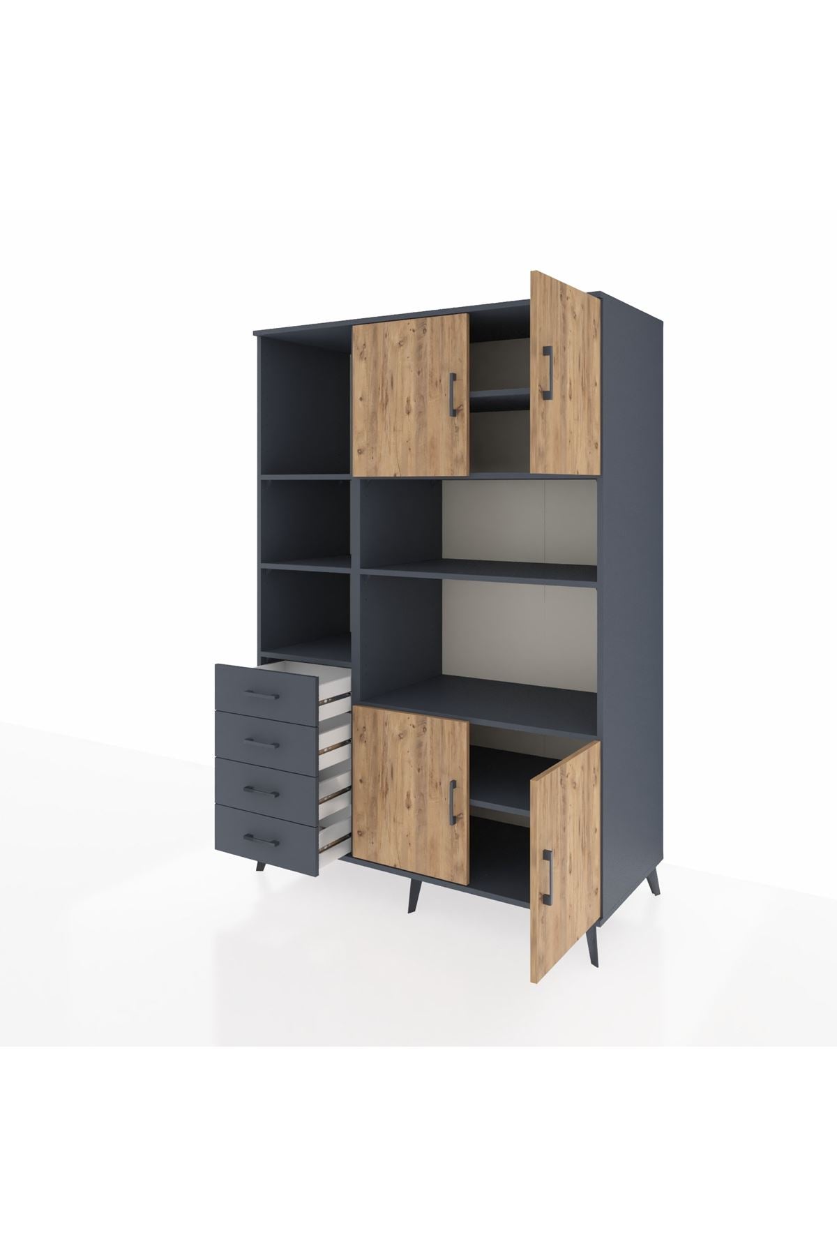 Kronos Dolap 8 Raflı 4 Çekmeceli 4 Kapaklı 132x59x195 Antrasit-Çam/Antrasit