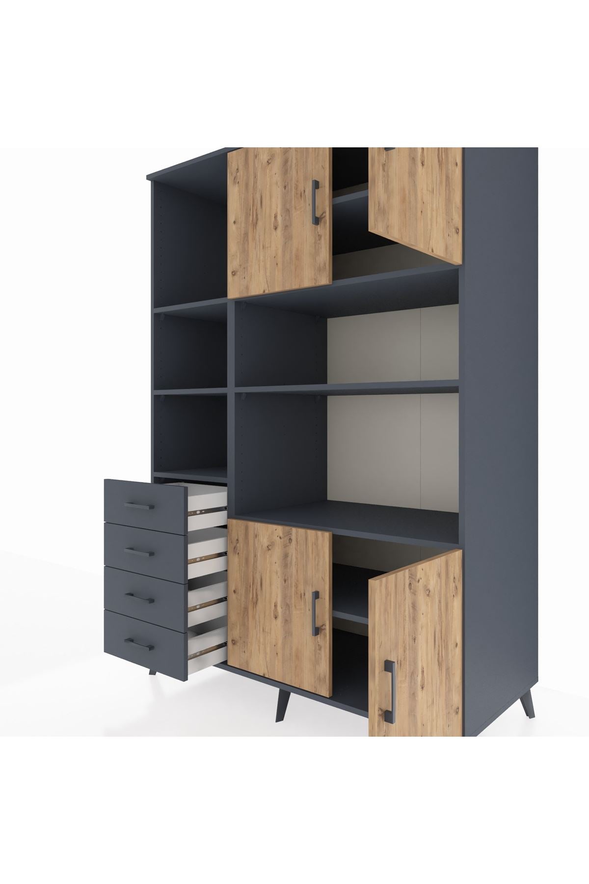 Kronos Dolap 8 Raflı 4 Çekmeceli 4 Kapaklı 132x59x195 Antrasit-Çam/Antrasit