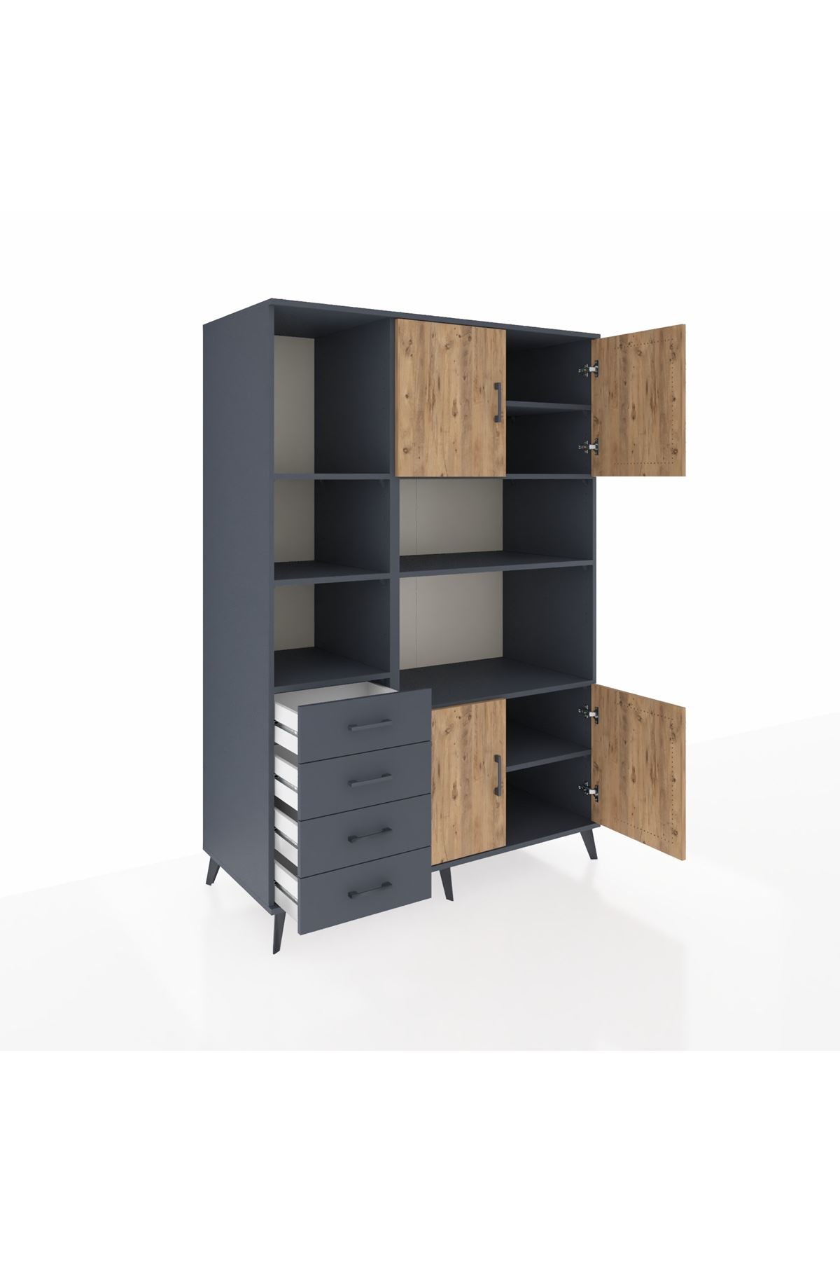 Kronos Dolap 8 Raflı 4 Çekmeceli 4 Kapaklı 132x59x195 Antrasit-Çam/Antrasit