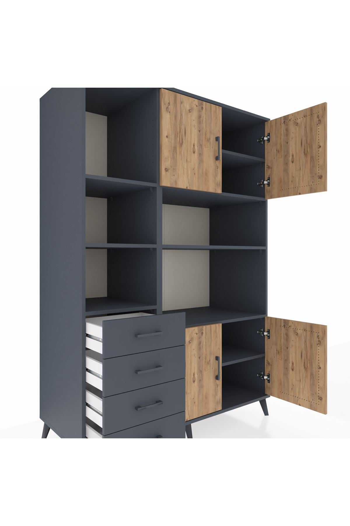 Kronos Dolap 8 Raflı 4 Çekmeceli 4 Kapaklı 132x59x195 Antrasit-Çam/Antrasit