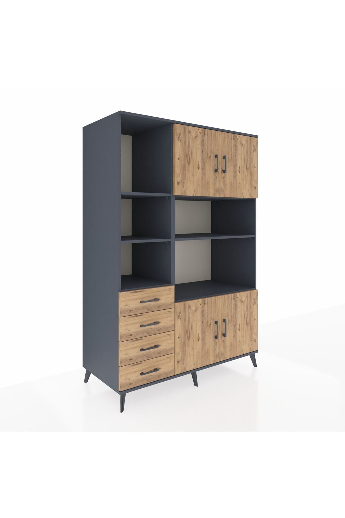 Kronos Dolap 8 Raflı 4 Çekmeceli 4 Kapaklı 132x59x195 Antrasit-Çam/Çam
