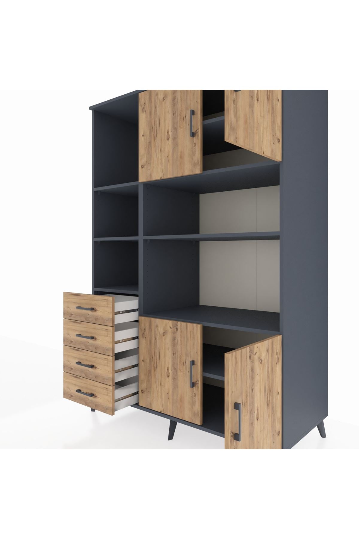 Kronos Dolap 8 Raflı 4 Çekmeceli 4 Kapaklı 132x59x195 Antrasit-Çam/Çam